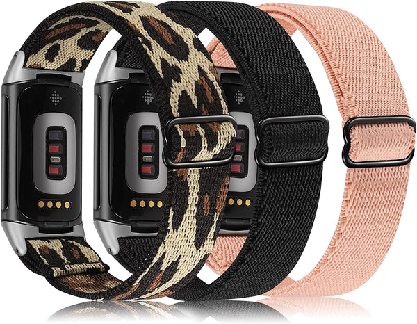 Wearlizer 3 Packs Adjustable Elastic Band Compatible with Fitbit Charge 5 Bands for Women Men, Stretchy Loop Strap Soft Nylon Sport Wristband Accessories for Charge 5 Fitness Tracker