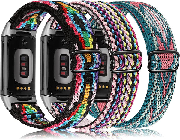 Wearlizer 3 Packs Adjustable Elastic Band Compatible with Fitbit Charge 5 Bands for Women Men, Stretchy Loop Strap Soft Nylon Sport Wristband Accessories for Charge 5 Fitness Tracker