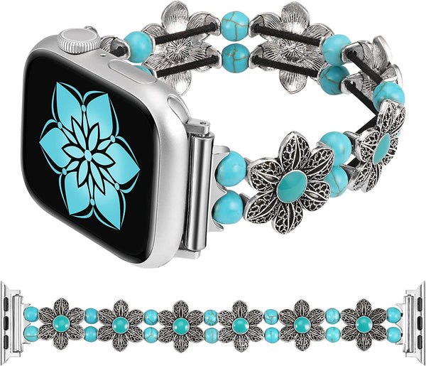 Wearlizer Compatible with Apple Watch Band 38mm 40mm 41mm 42mm 44mm 45mm 49mm Women Girls,Boho Handmade Turquoise Beaded Elastic Stretch Replacement Bracelet For iWatch SE/Ultra/8/7/6/5/4/3/2/1