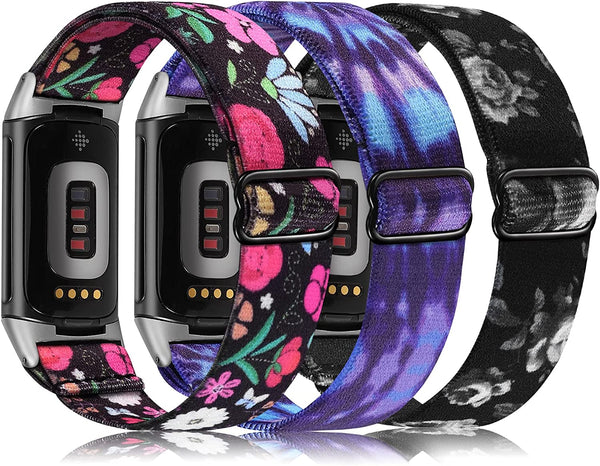 Wearlizer 3 Packs Adjustable Elastic Band Compatible with Fitbit Charge 5 Bands for Women Men, Stretchy Loop Strap Soft Nylon Sport Wristband Accessories for Charge 5 Fitness Tracker