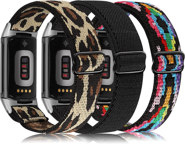 Wearlizer 3 Packs Adjustable Elastic Band Compatible with Fitbit Charge 5 Bands for Women Men, Stretchy Loop Strap Soft Nylon Sport Wristband Accessories for Charge 5 Fitness Tracker