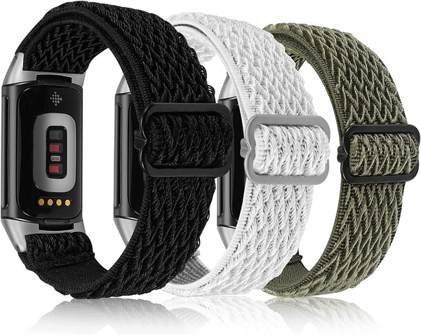 Wearlizer 3 Packs Adjustable Elastic Band Compatible with Fitbit Charge 5 Bands for Women Men, Stretchy Loop Strap Soft Nylon Sport Wristband Accessories for Charge 5 Fitness Tracker