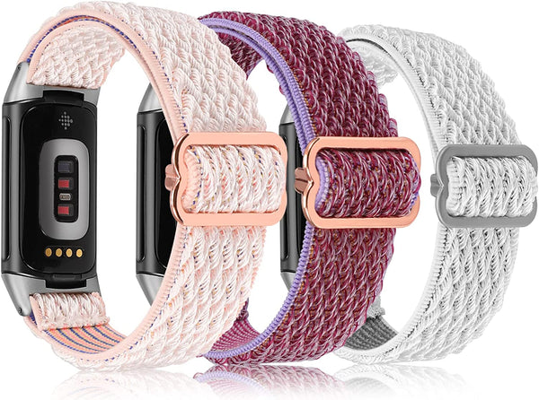 Wearlizer 3 Packs Adjustable Elastic Band Compatible with Fitbit Charge 5 Bands for Women Men, Stretchy Loop Strap Soft Nylon Sport Wristband Accessories for Charge 5 Fitness Tracker