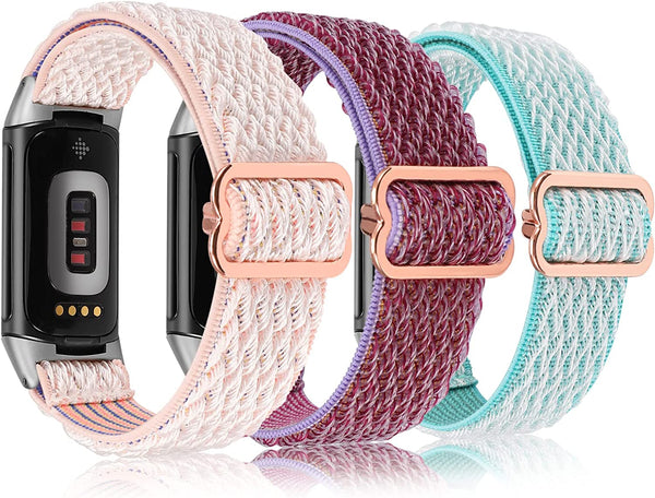 Wearlizer 3 Packs Adjustable Elastic Band Compatible with Fitbit Charge 5 Bands for Women Men, Stretchy Loop Strap Soft Nylon Sport Wristband Accessories for Charge 5 Fitness Tracker