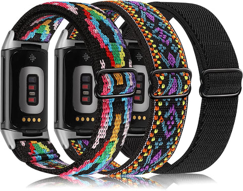 Wearlizer 3 Packs Adjustable Elastic Band Compatible with Fitbit Charge 5 Bands for Women Men, Stretchy Loop Strap Soft Nylon Sport Wristband Accessories for Charge 5 Fitness Tracker