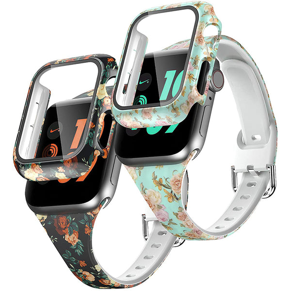 Wearlizer 2 Packs  Apple Watch Band Slim with Case Women  Silicone Soft Floral Pattern Adjustable Strap with Buckle for iWatch SE/6/5/4/3/2/1