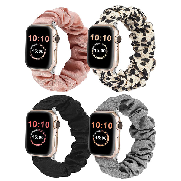 Wearlizer 4 Packs Apple Watch Band Scrunchie Soft Clot Cute Printed Elastic Watch Bands Women Stretchy