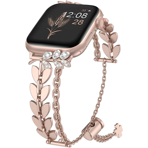 Wearlizer Bling Apple Watch Bands , Women Jewelry Diamond Charms Wheat Ear Style Metal Strap for iWatch Series 7 6 5 4 3 2 1 SE