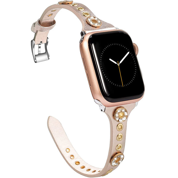 Wearlizer Slim Leather Apple Watch Band with Bling Studs iwatch Series 6 5 4 3 2 1 for Women Girls