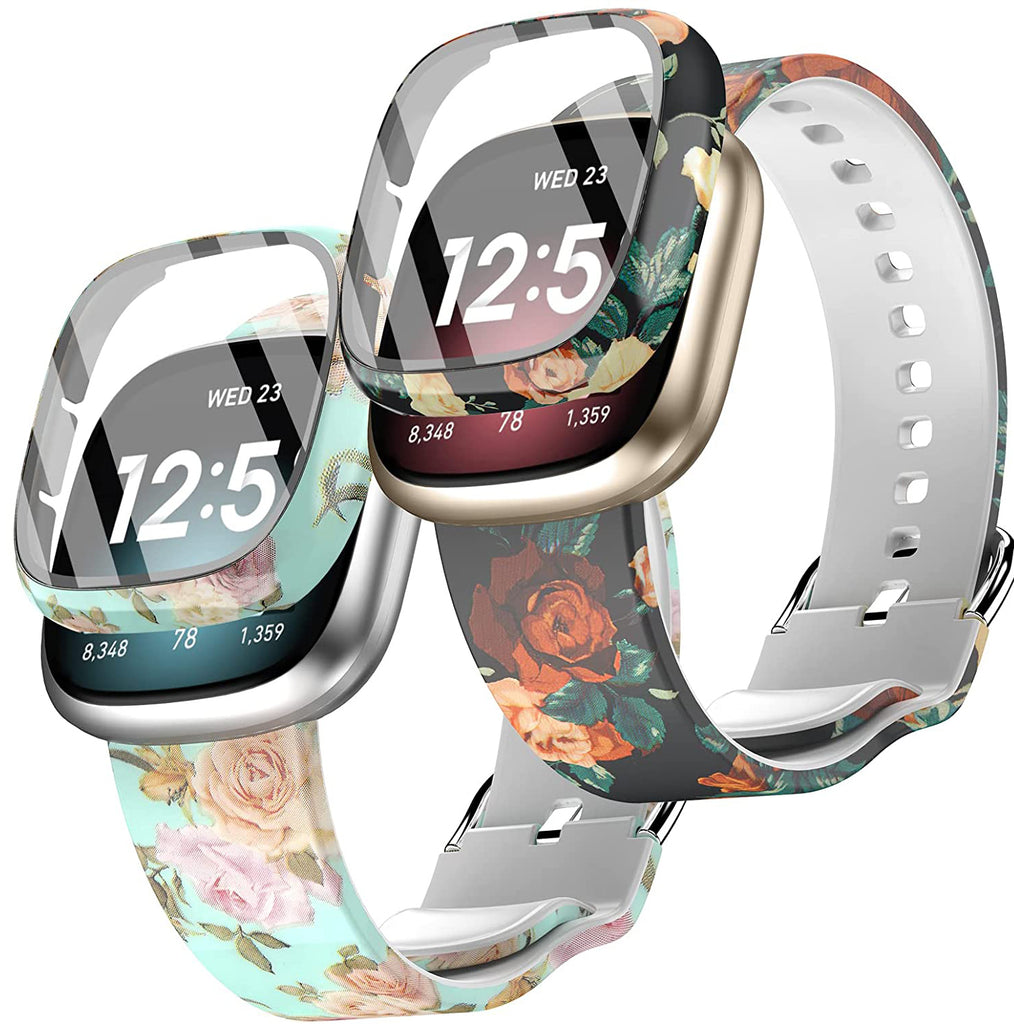 Minyee 2-Pack Floral Engraved Silicone Bands For Fitbit Versa 4/3 & Sense 2/1 - Wildflower & Rose Design