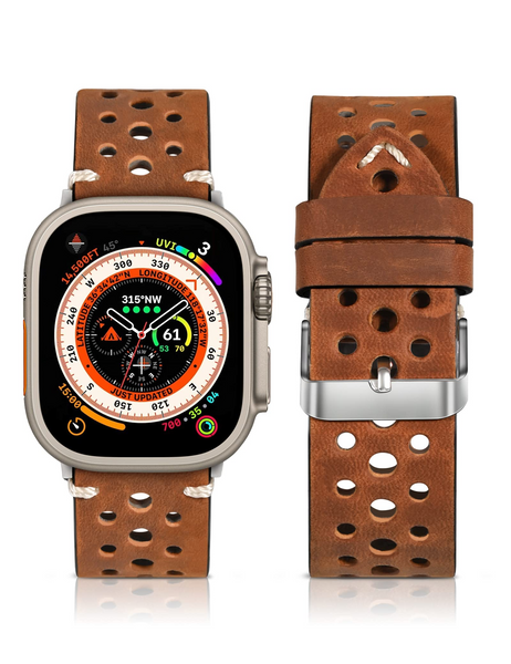 Compatible with Apple Watch Genuine Leather Band49mm 45mm 44mm 42mm 41mm 40mm 38mm Punch Grain Vintage Leather Band for Men,Replacement Strap for iWatch Ultra Series 8 7 6 5 4 3 2 1 SE
